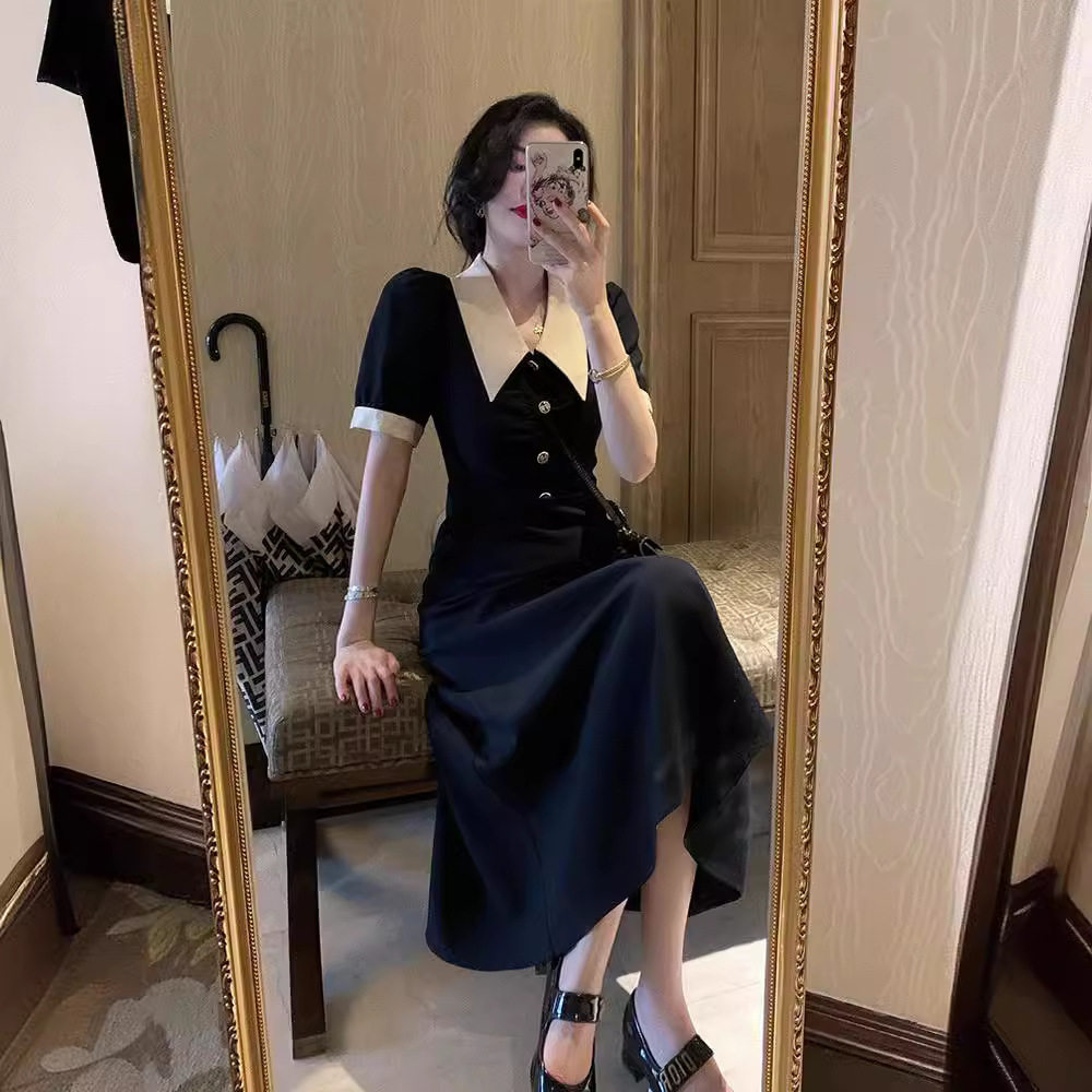 赫本风小黑裙大码显瘦收腰连衣裙