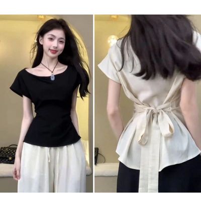 黑色后背绑带收腰显瘦短袖T恤女