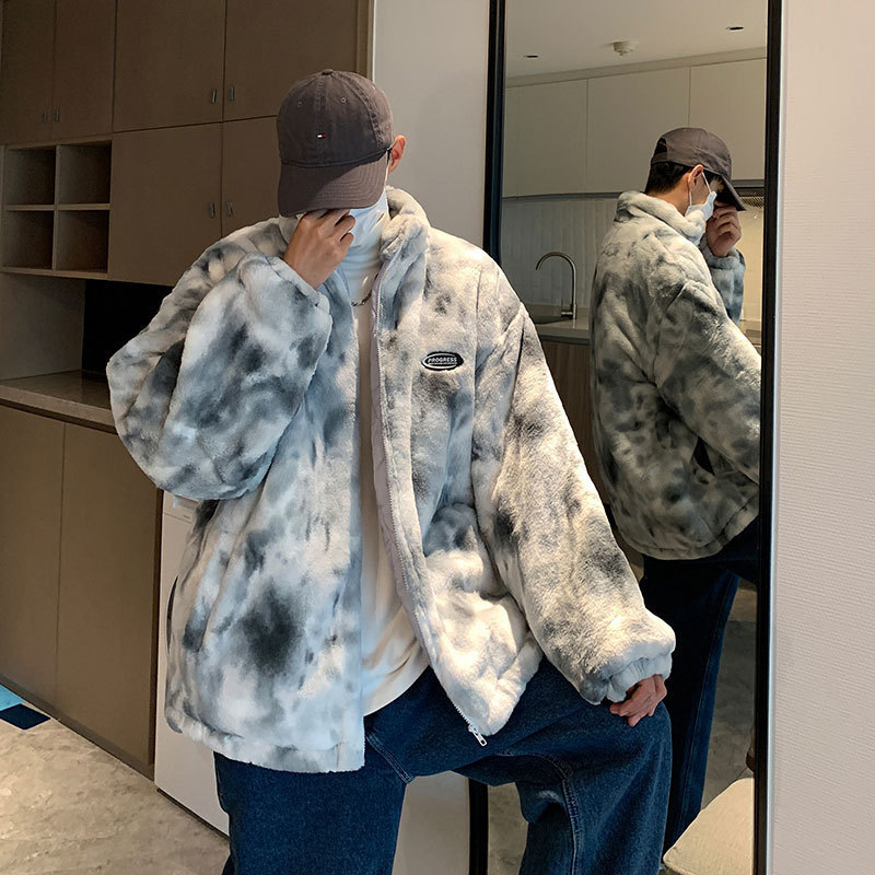 扎染立领加厚保暖男款绒棉衣情侣