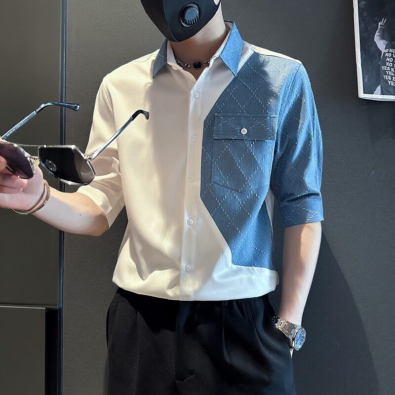 拼接牛仔五分袖痞帅夏季男衬衫