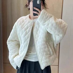 秋冬复古丝绒菱格绗缝短外套女装宽松圆领保暖夹棉棒球服棉衣外套