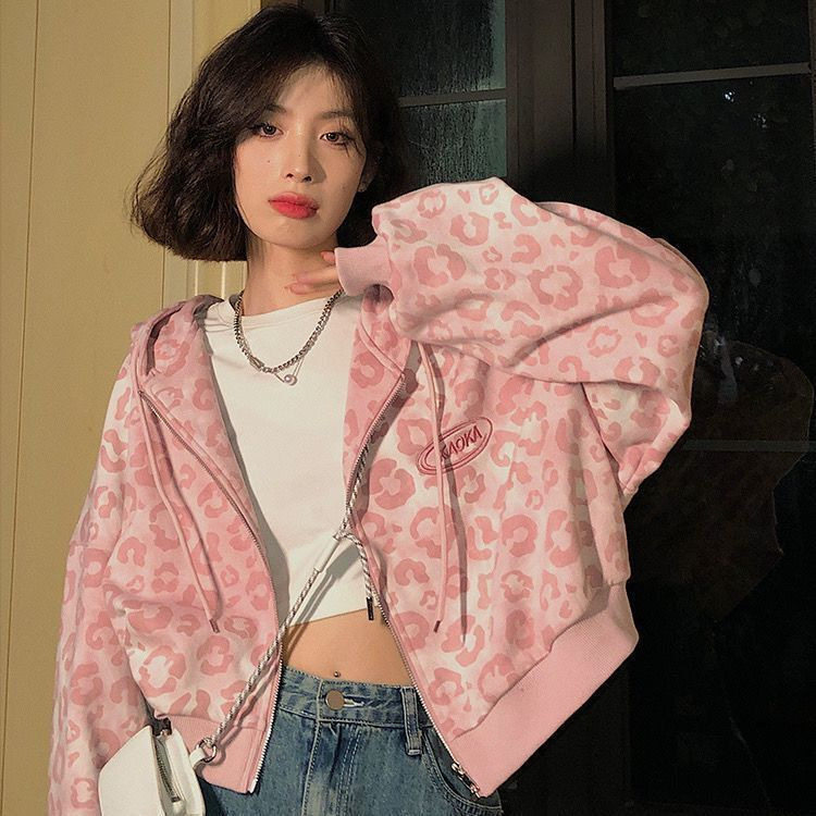 粉色豹纹短款开衫外套女春秋