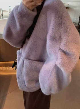 慵懒风感紫色软糯外套女冬季温柔风休闲圆领极简减龄上衣小众欧美
