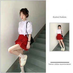 韩系套装夏装搭配一整套轻熟法式白色衬衫红色碎花半身裙子两件套