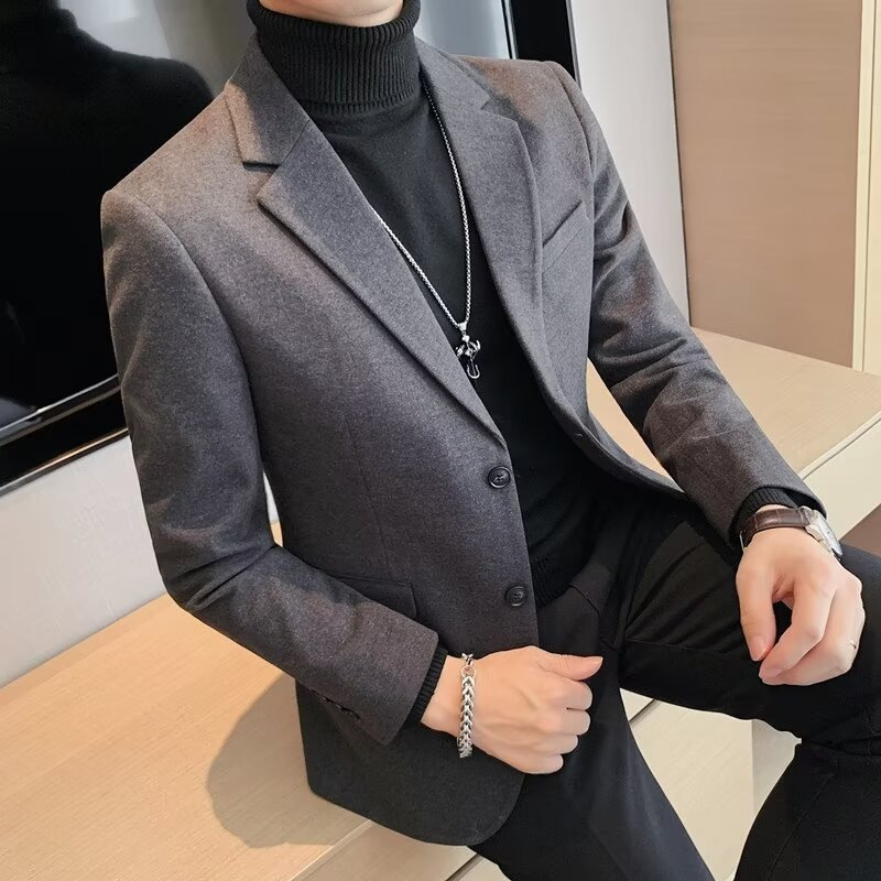 男士休闲西装外套商务高级感秋冬季毛呢子加厚款小西服套装男上衣