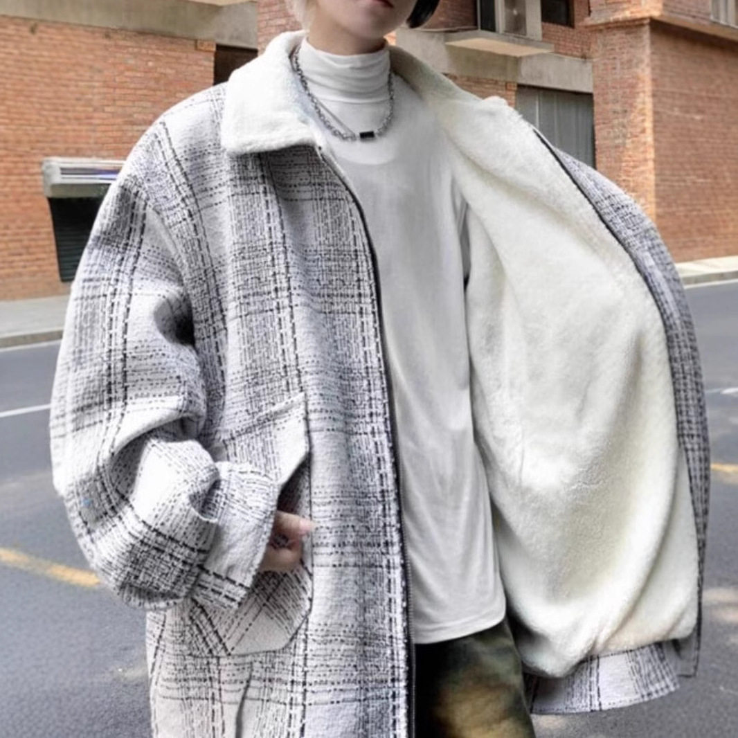 冬季加绒加厚男青少年格子棉服