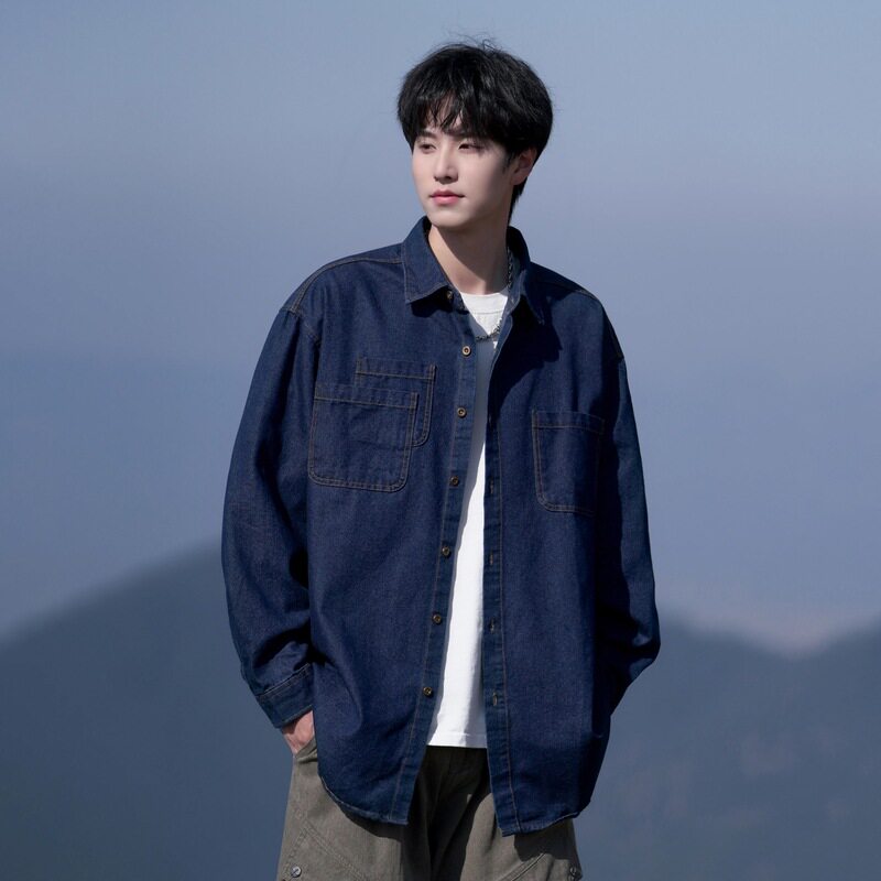 深蓝复古工装牛仔衬衫外套男