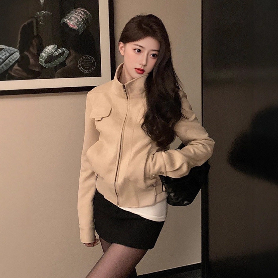 秋冬复古麂皮绒短款机车夹克女