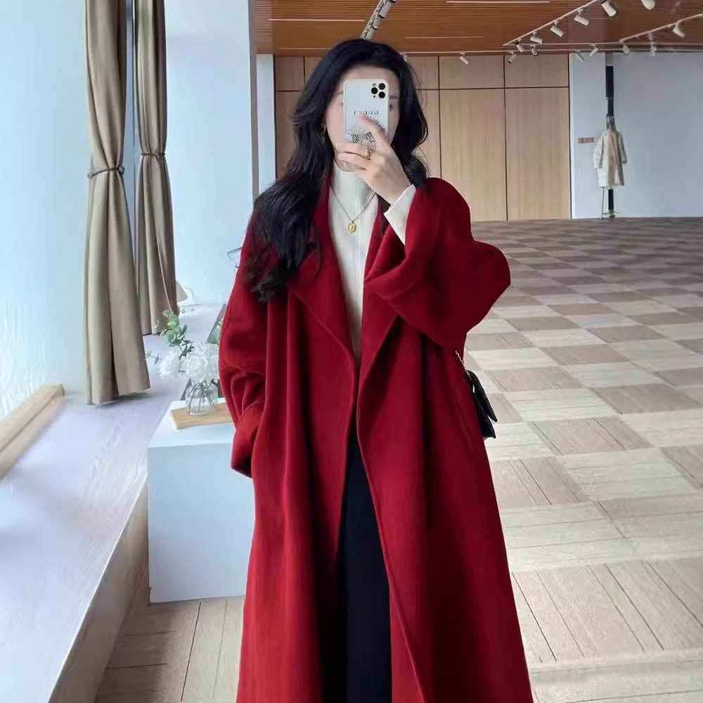 红色过年女装双面羊绒呢子大衣