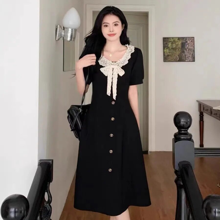 大码小香风显瘦蝴蝶结小黑裙