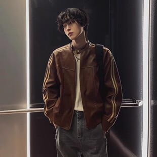 潮流机车皮夹克潮 宽松立领上衣韩版 美拉德风皮衣外套男士 春秋季