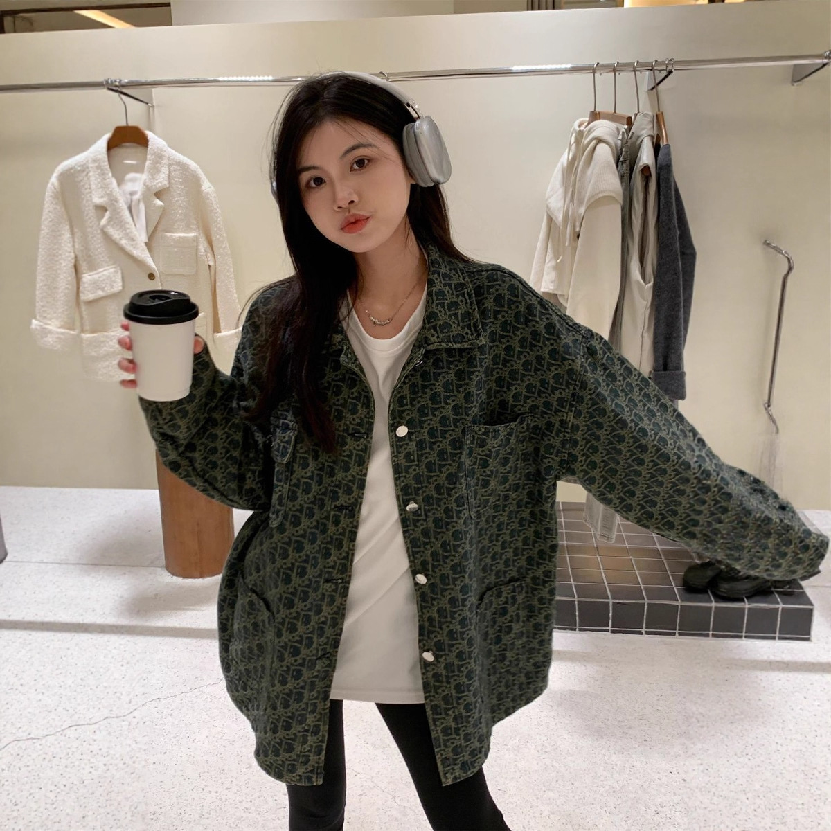 牛仔外套女2025早秋提花满印重工复古设计感小众宽松长袖衬衫