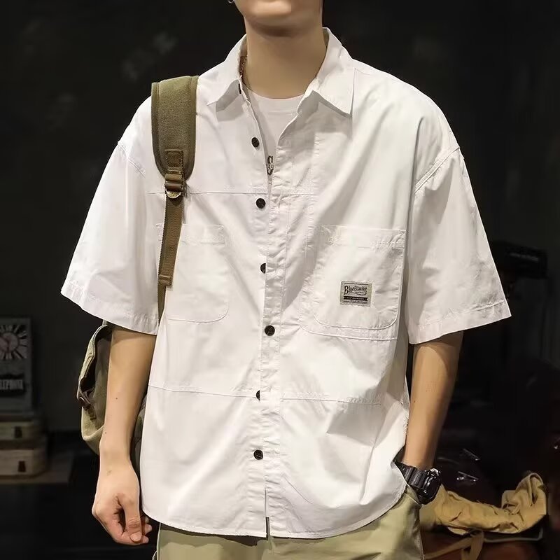青少年港风复古宽松短袖衬衫男