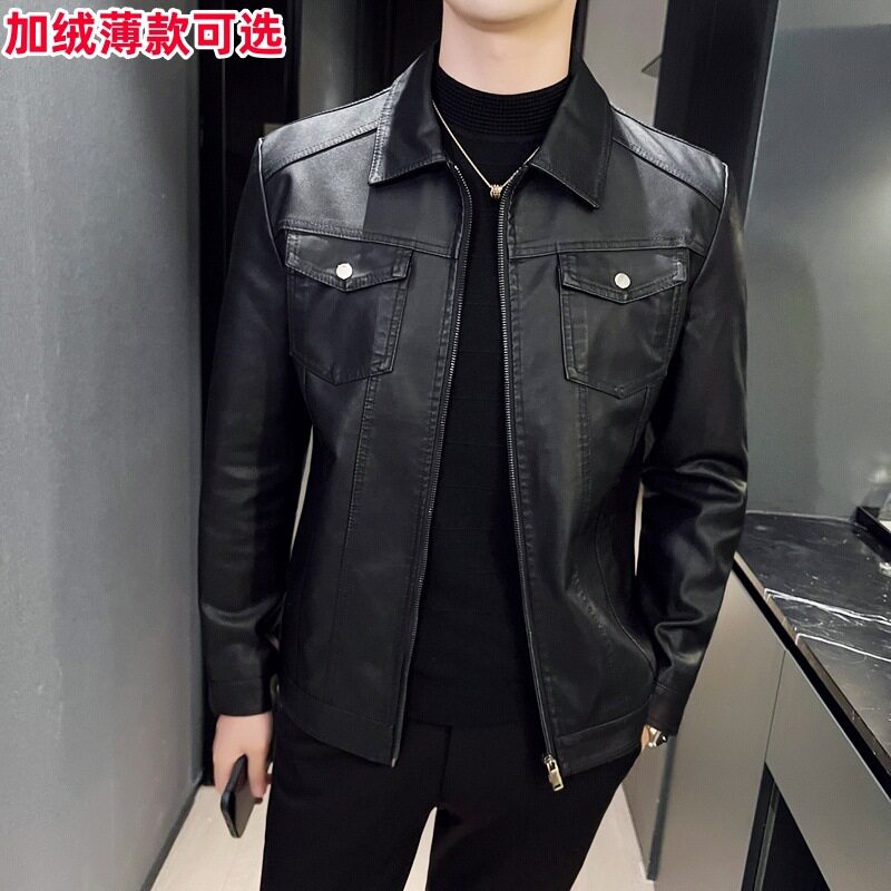 秋冬男韩版修身短款翻领机车皮衣