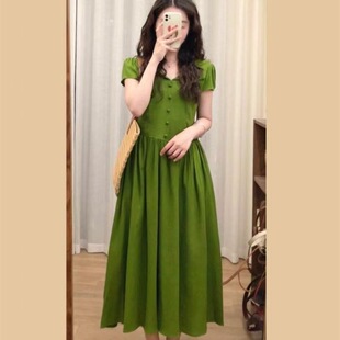 大码法式复古短袖连衣裙女夏季优雅绿色裙子胖MM遮肚子显瘦A字裙
