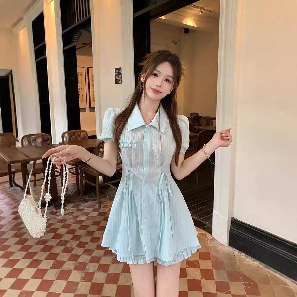 法式绑带设计感收腰短袖蓝色衬衫连衣裙高腰打底短裤夏季两件套女