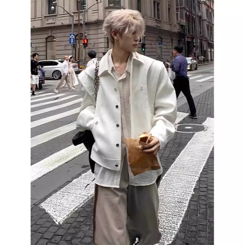 美式高街白色短款外套男女款春秋季痞帅高级感夹克慵懒风休闲上衣图片