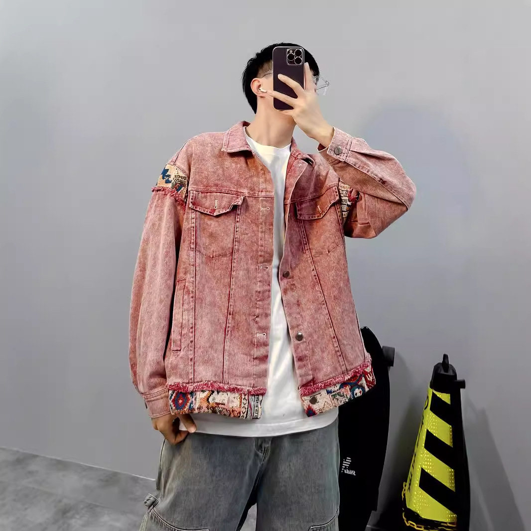 水洗拼接牛仔夹克港风春秋红色