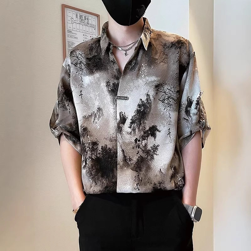新中式国风男士水墨扎染短袖衬衫