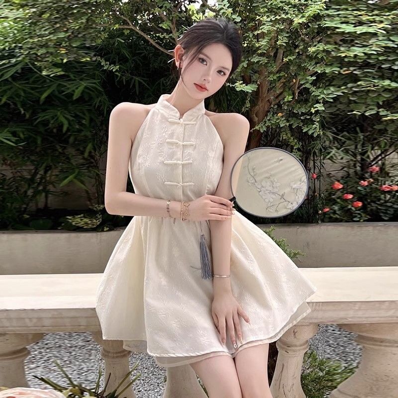 夏季新中式挂脖收腰显瘦连衣裙