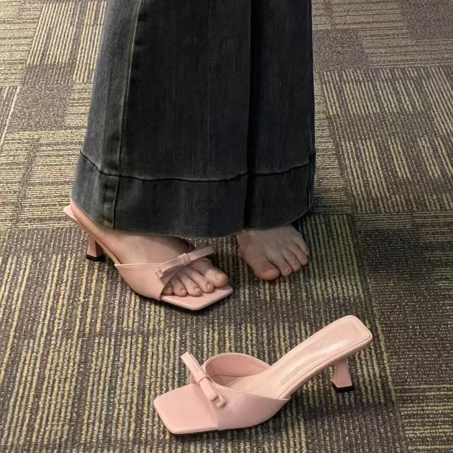 小香风方头高跟蝴蝶结女凉拖