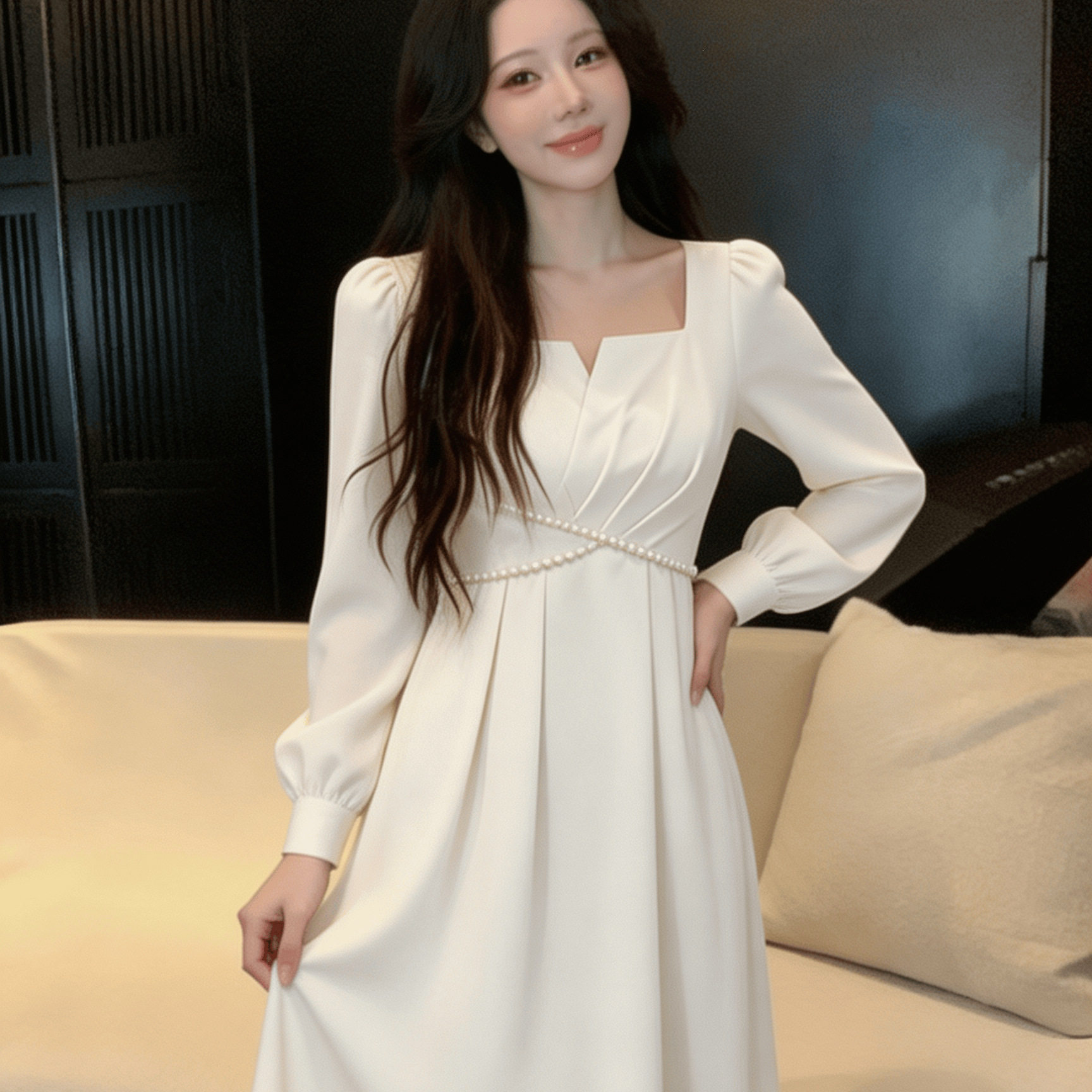 2026秋冬装新款姐妹女装不规则长裙显瘦长袖度假碎花连衣裙小V领