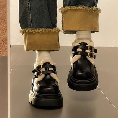 黑色英伦风小皮鞋女秋冬2025新厚底乐福鞋加绒棉鞋玛丽珍女鞋新款