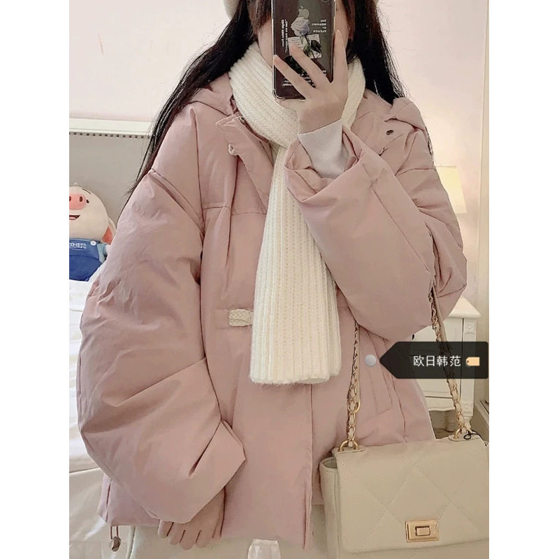 粉色奶fufu羽绒服女短款牛角扣