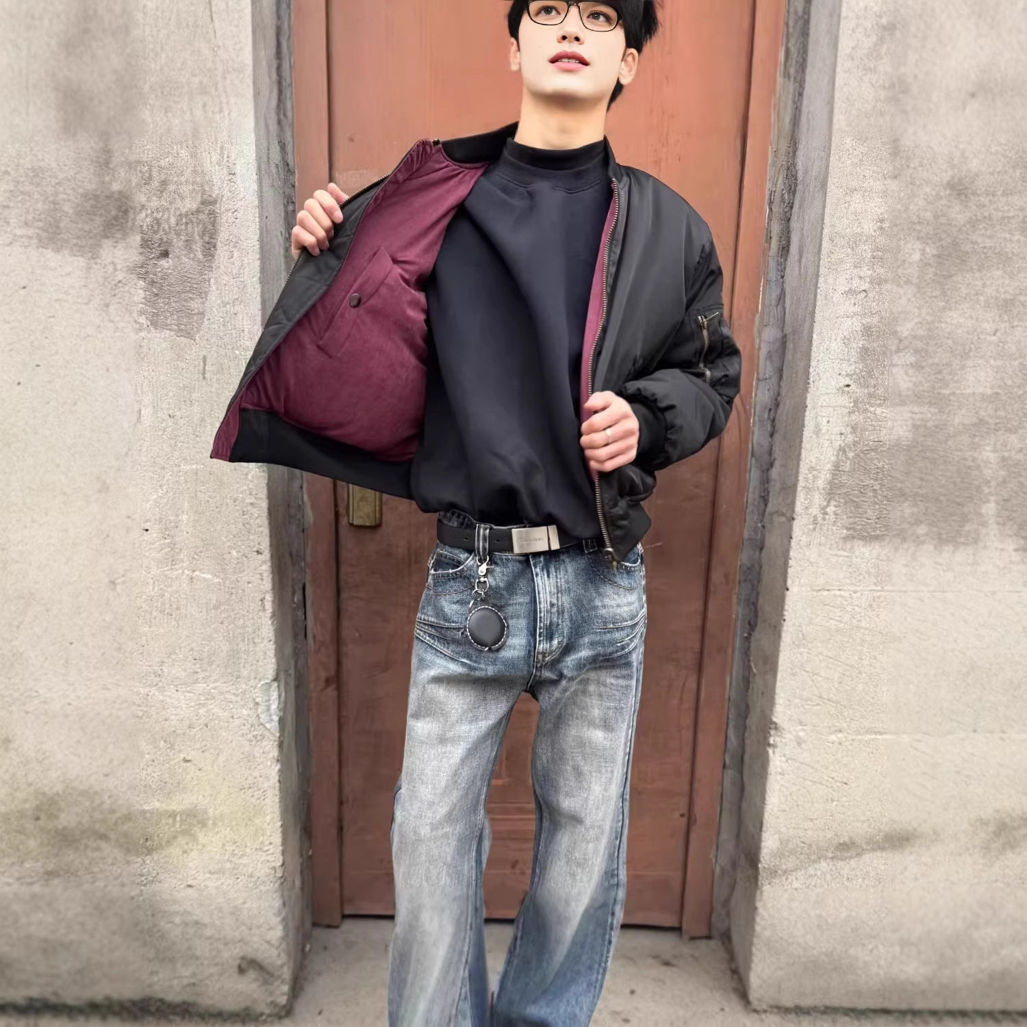 美式红内双面穿加厚飞行棉服男