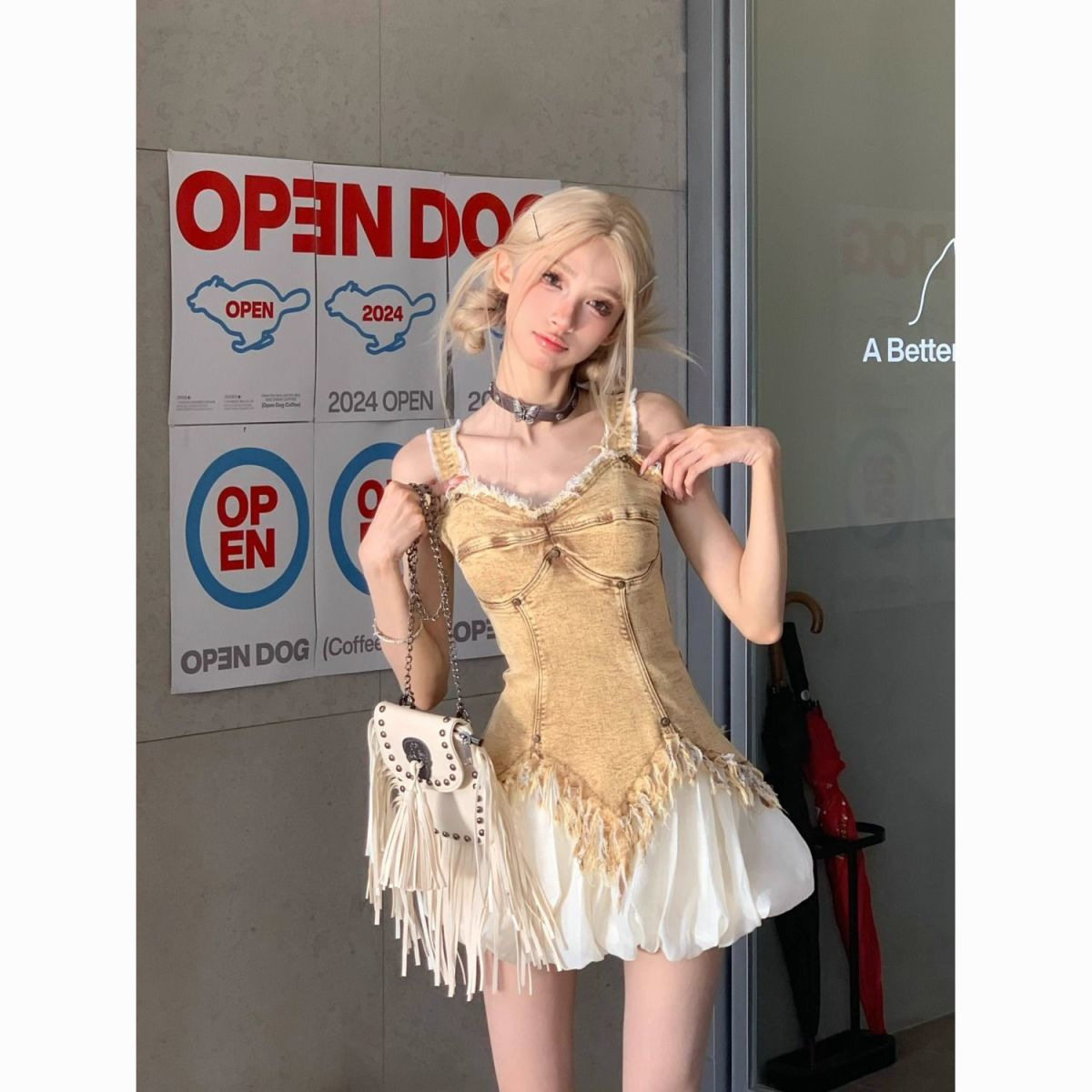 夏季辣妹短款牛仔吊带法式上衣纯欲蓬蓬裙套装短款甜辣流苏两件套