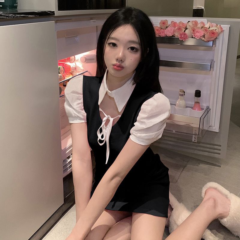 假两件连衣裙女夏季设计感小众甜美修身性感包臀短裙泡泡袖裙子