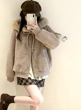 燕麦暖绒蝴蝶结连帽加厚棉服女冬