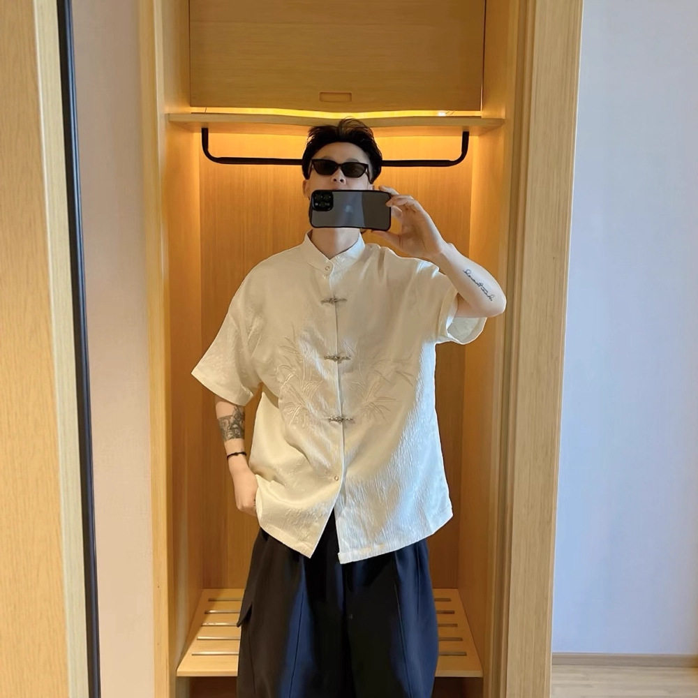 新中式刺绣立领短袖男士衬衫图片