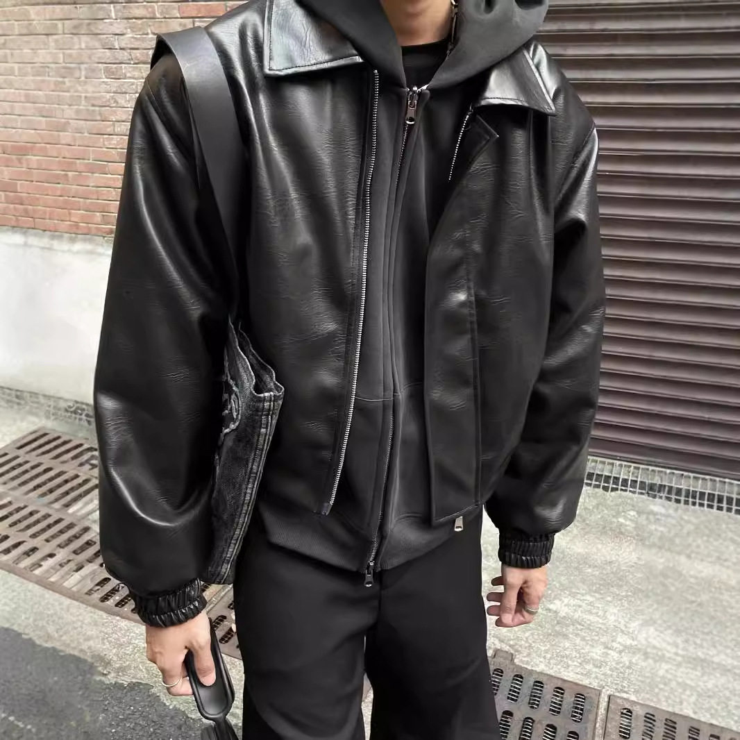 韩版黑色PU皮垫肩短款皮衣男