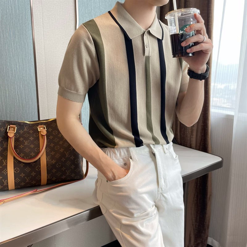 夏季冰丝撞色条纹短袖POLO衫男