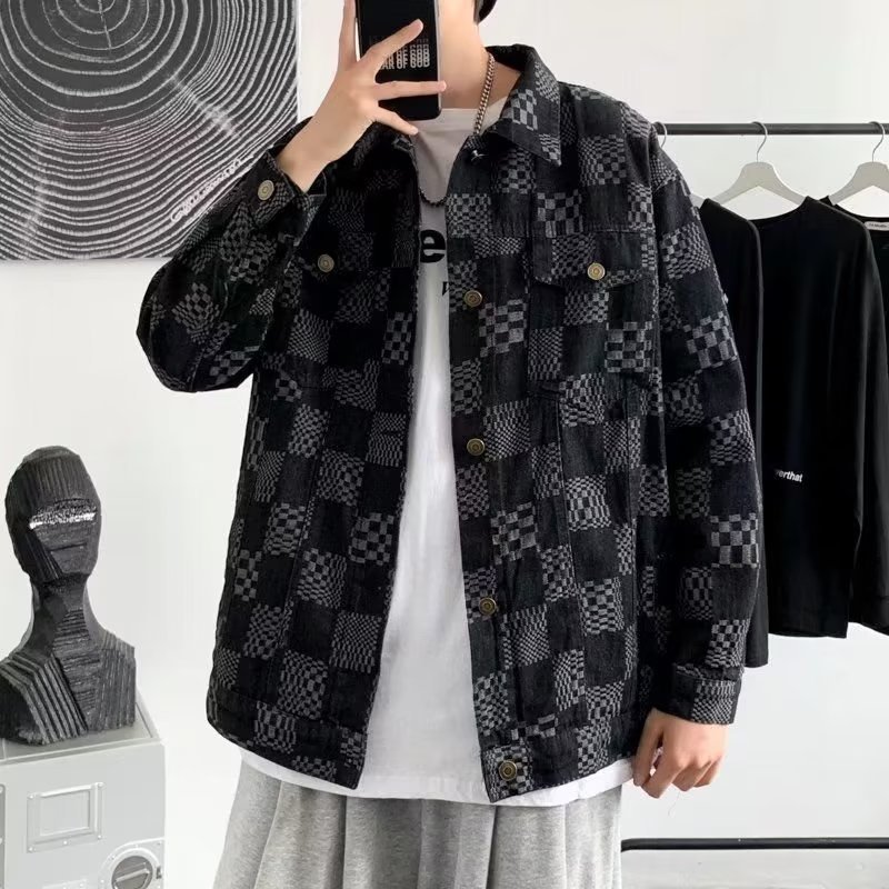 黑格子牛仔宽松工装夹克男春秋