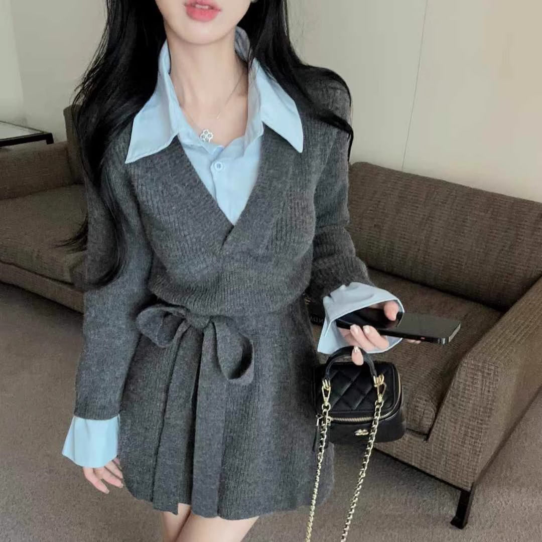 灰色高级感假两件长袖衬衫连衣裙