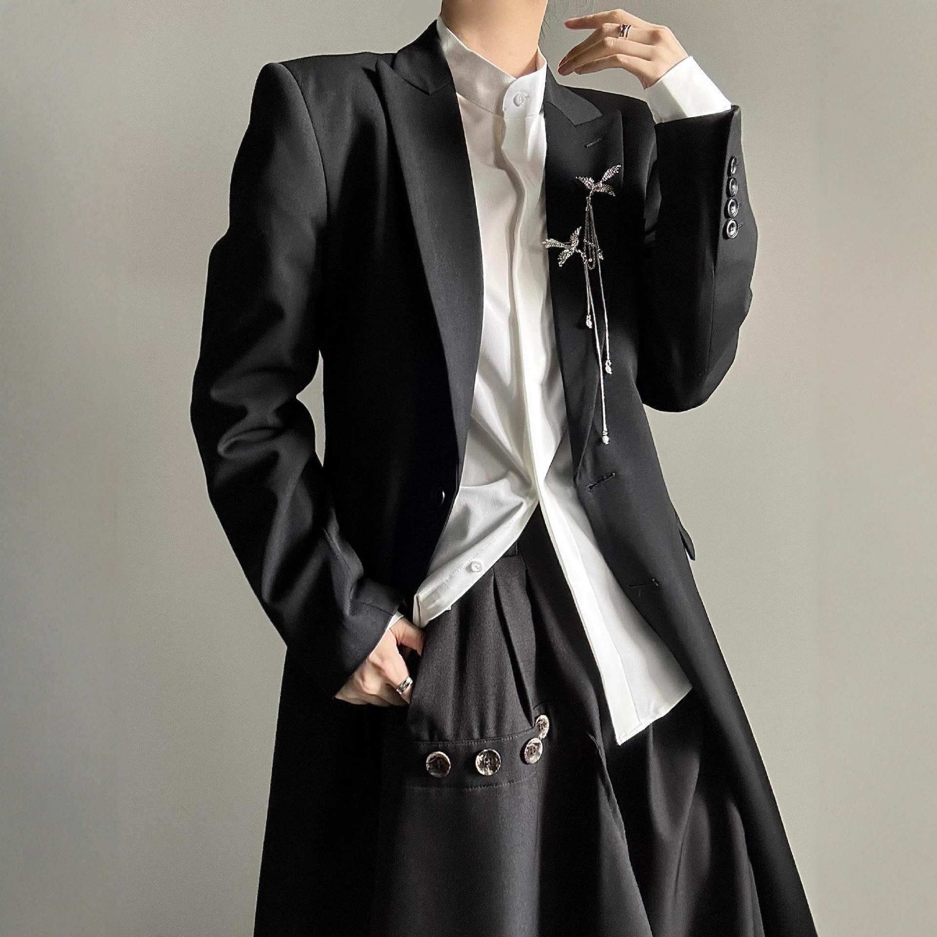 韩风山本风黑色长款西服外套