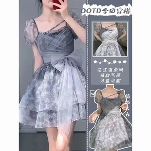 森系公主细闪短袖连衣裙女夏季新款高腰显瘦小个子蓬蓬设计感短裙