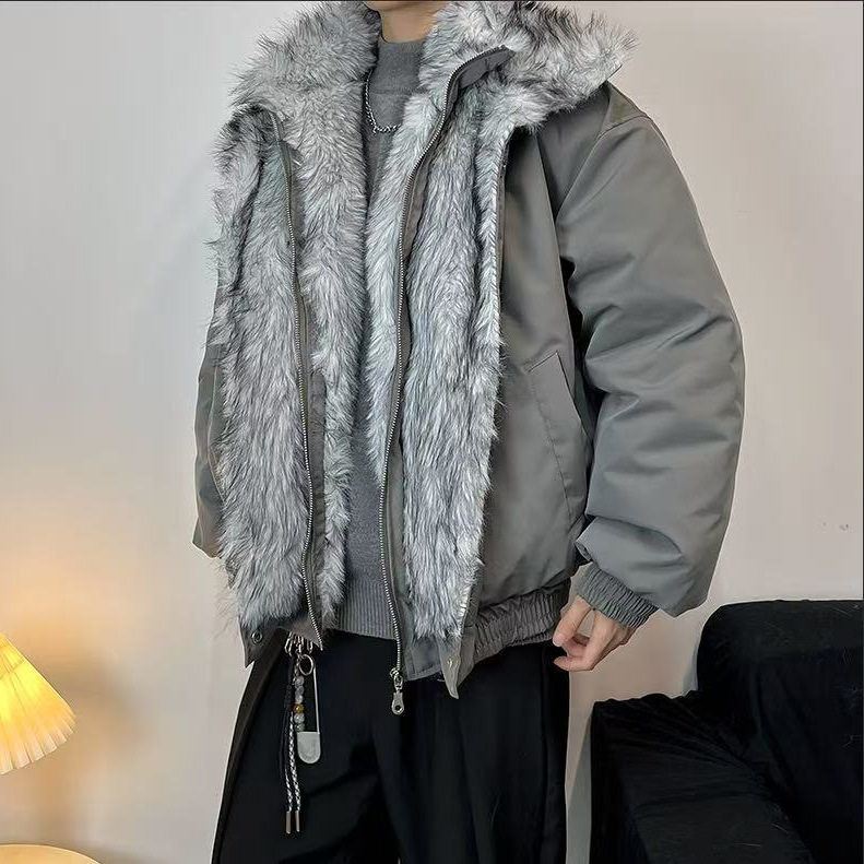 冬季双层翻毛领座山雕加绒棉服男