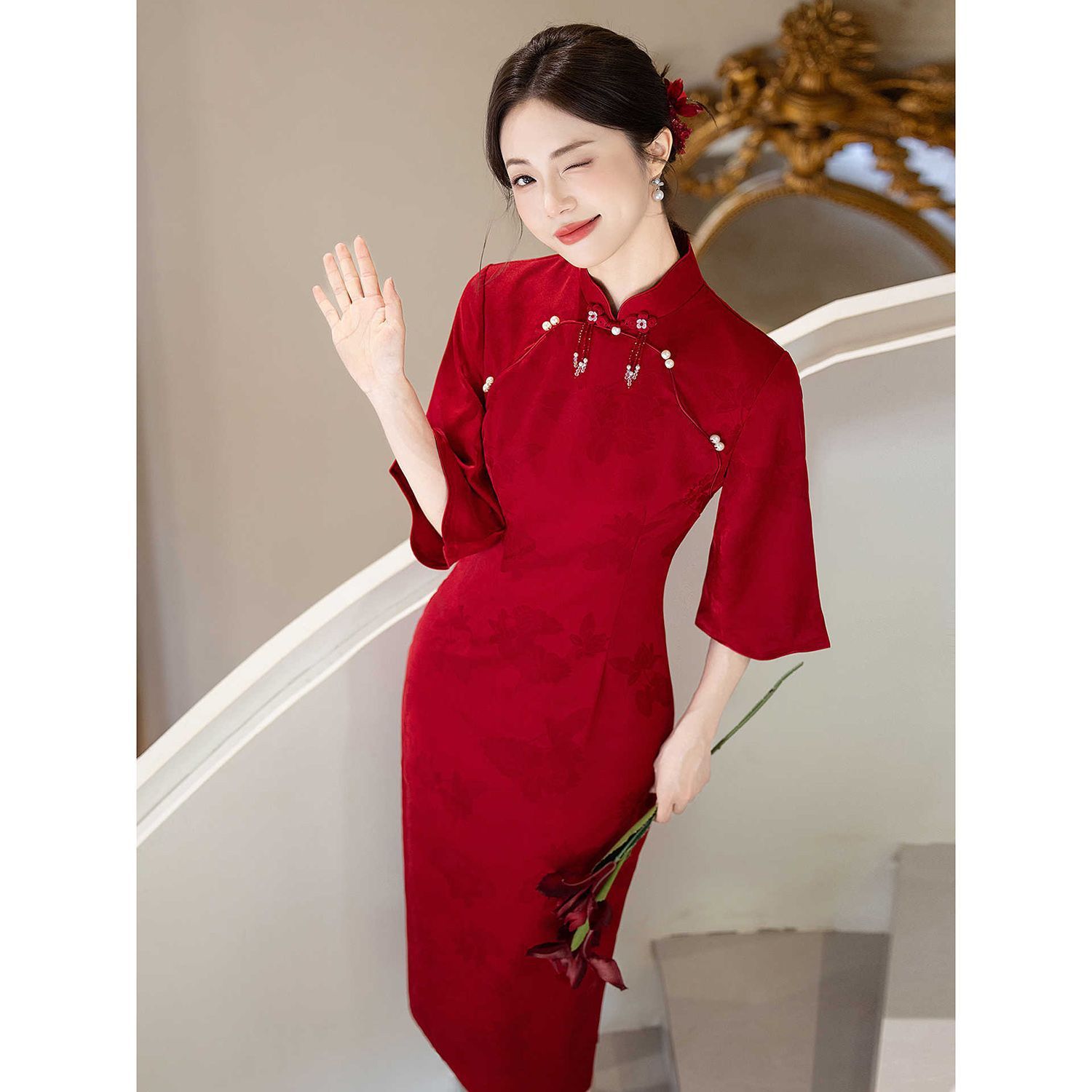 红色新中式倒大袖旗袍婚服