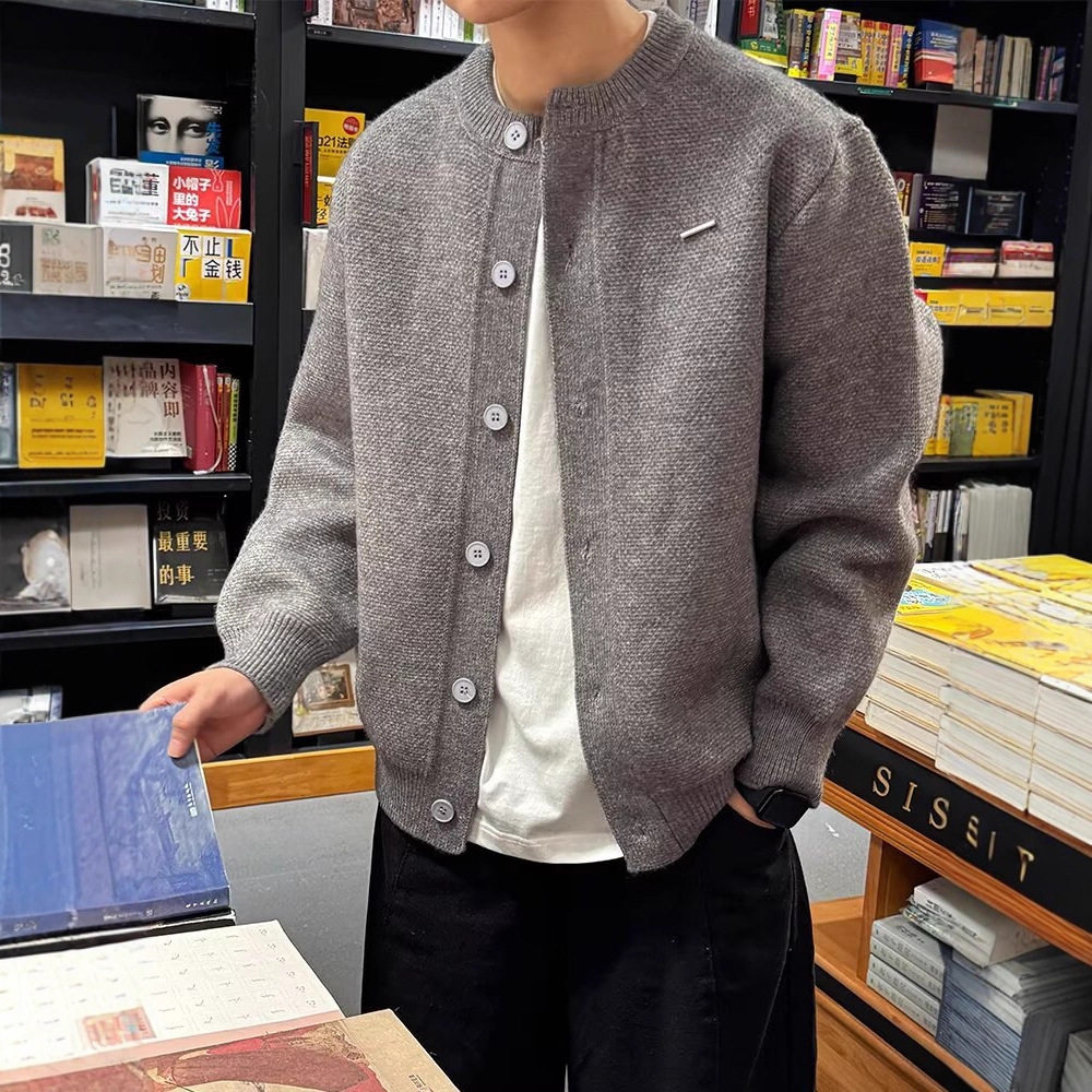 秋季棒球领粗针纯色宽松男开衫