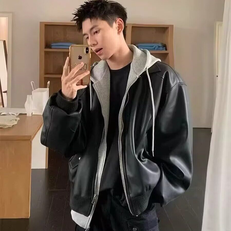 高街痞帅假两件皮衣男夹克春秋
