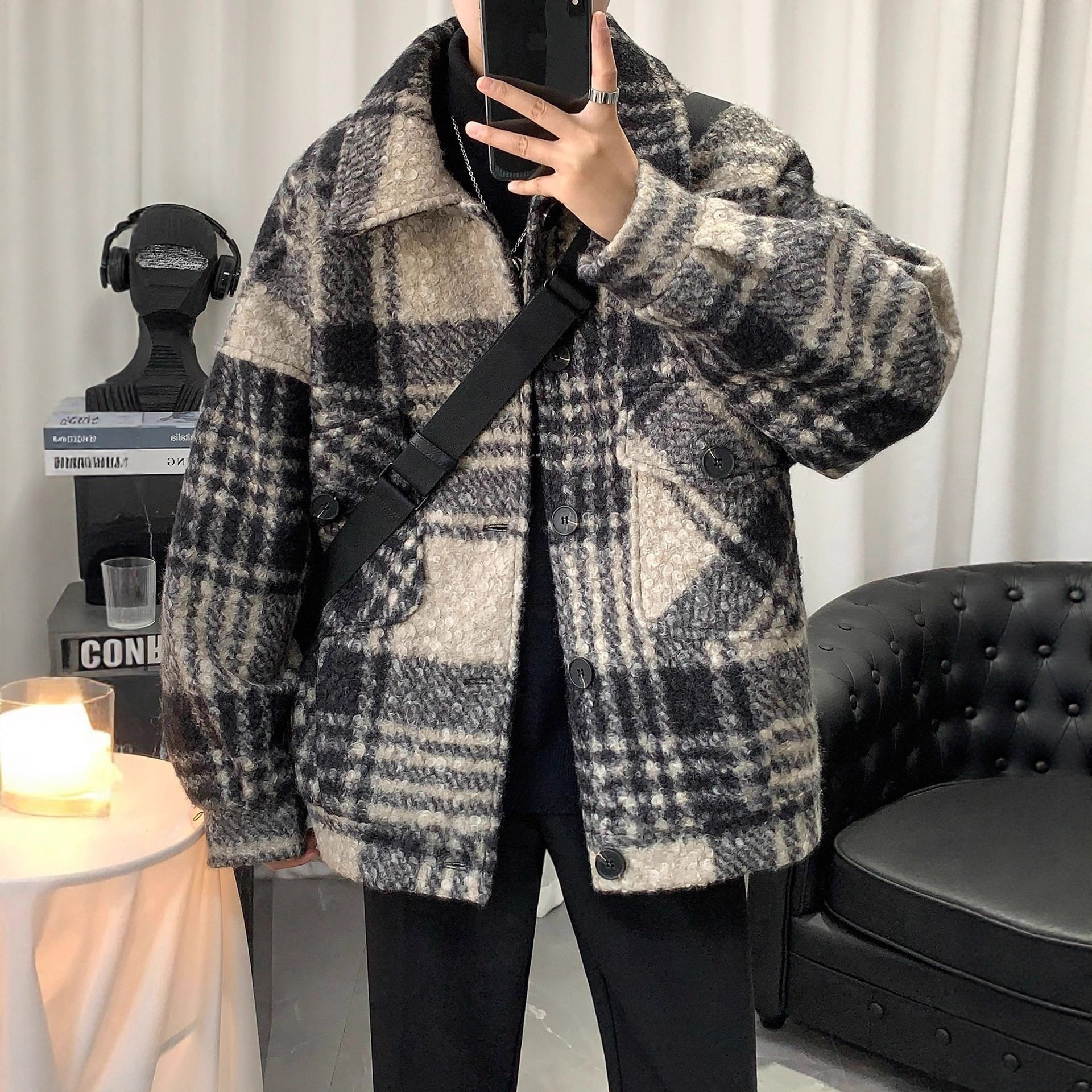 冬季毛呢小香风格子宽松男夹克