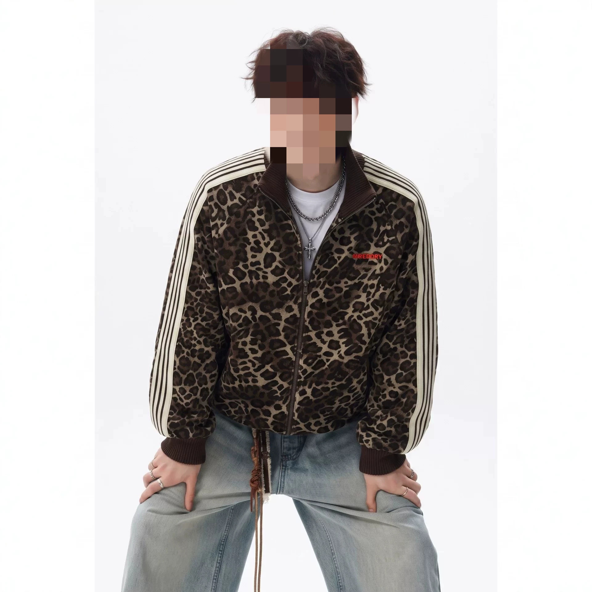 复古豹纹三条杠立领棒球服男秋