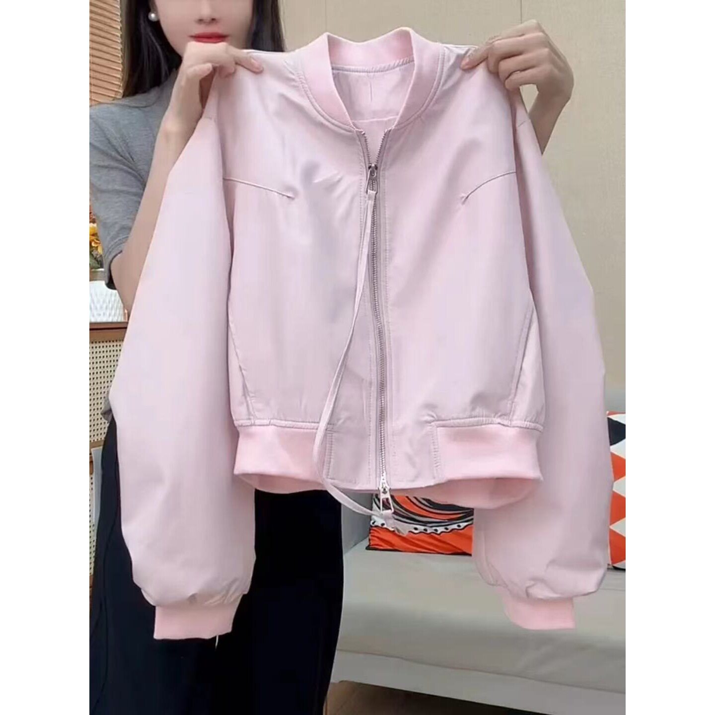 春秋薄款浅粉色小个子棒球服女
