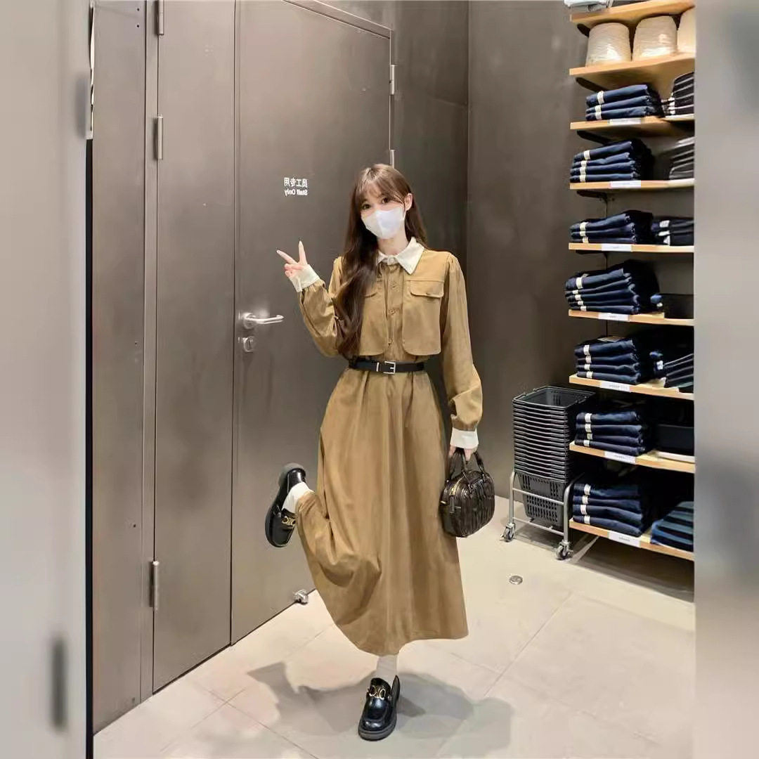 法式复古衬衫polo领连衣裙图片