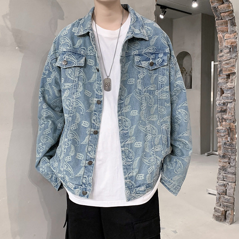 潮牌腰果花牛仔工装夹克男宽松