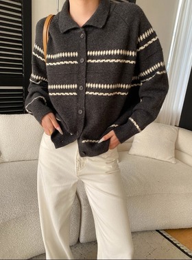 丽光 时髦日常 法式复古撞色提花设计感宽松毛衣针织开衫 SN8558