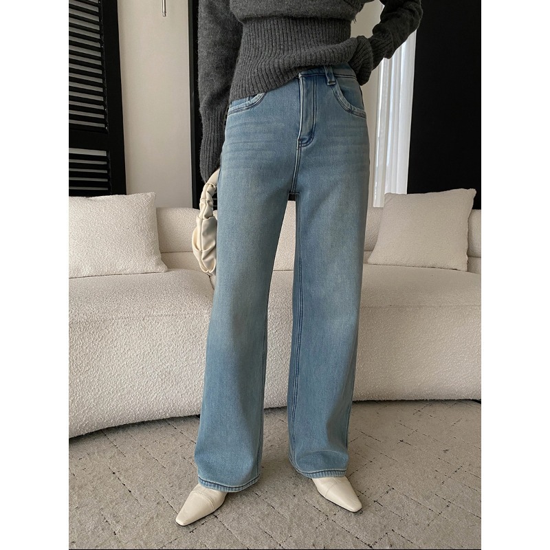 丽光点睛刺绣口袋 梨形身材高腰显瘦直筒阔腿加绒牛仔裤 SN8399